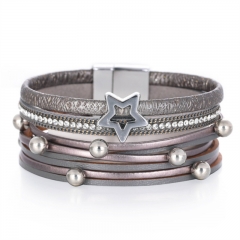 AliExpress  Multi-layer Leather Wide-sided Magnetic Buckle Bracelet Hollow Five-pointed Star Pearl Bracelet Distributor