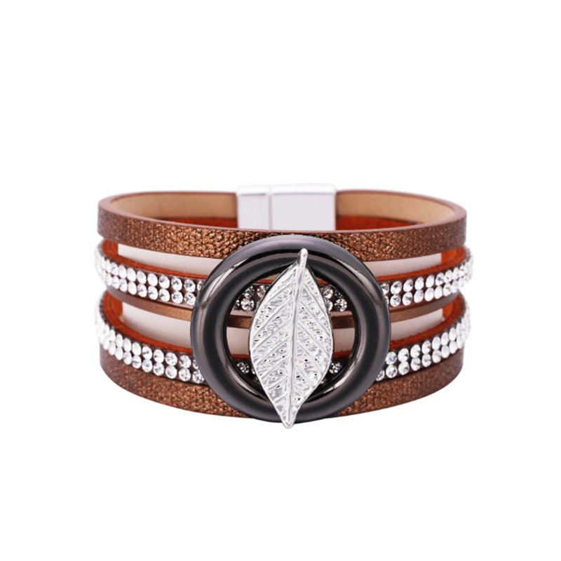 Bohemian Multilayer  Rhinestone Leaf Accessories Leather Bracelet Creative Light Luxury Exaggerated Bracelet Distributor