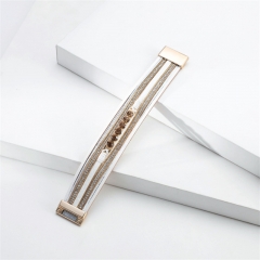 Retro Multi-layer Wide Women's Bracelet Glass Diamond Light Luxury Personality Leather Magnetic Buckle Bracelet Distributor