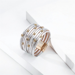 Selling Multi-layer Thin Leather Strap Leather Bracelet With Zircon Magnetic Buckle  Style Distributor