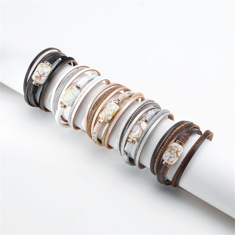 Imitation Pearl Multi-layer Diamond Wide Leather Bracelet  Creative Jewelry Magnetic Buckle Women's Bracelet Distributor