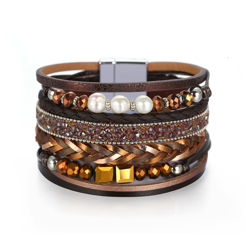-selling Bohemian Bracelet Woven PU Leather Handmade Multi-layer Broad Side Handmade Pearl Bracelet Distributor
