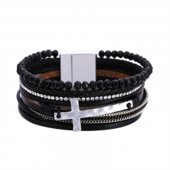 Selling Braided Bracelet Personality Retro Beaded Cross Multi-layer Magnetic Buckle Leather Bracelet Distributor
