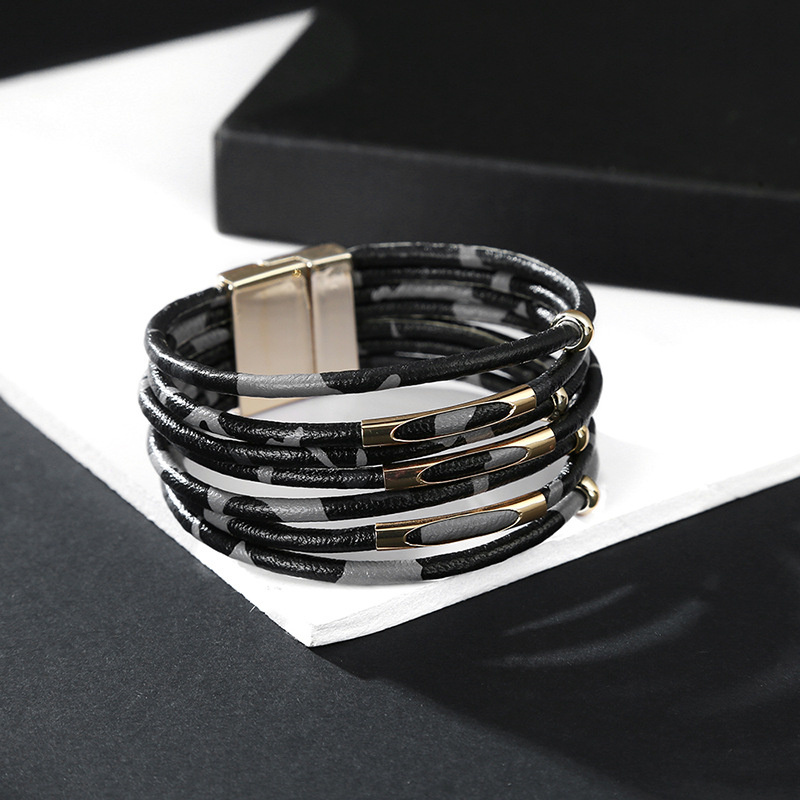 Creative Bracelet Fashion Classic Leopard Print Multilayer Surround Beaded Magnetic Leather Bracelet Distributor