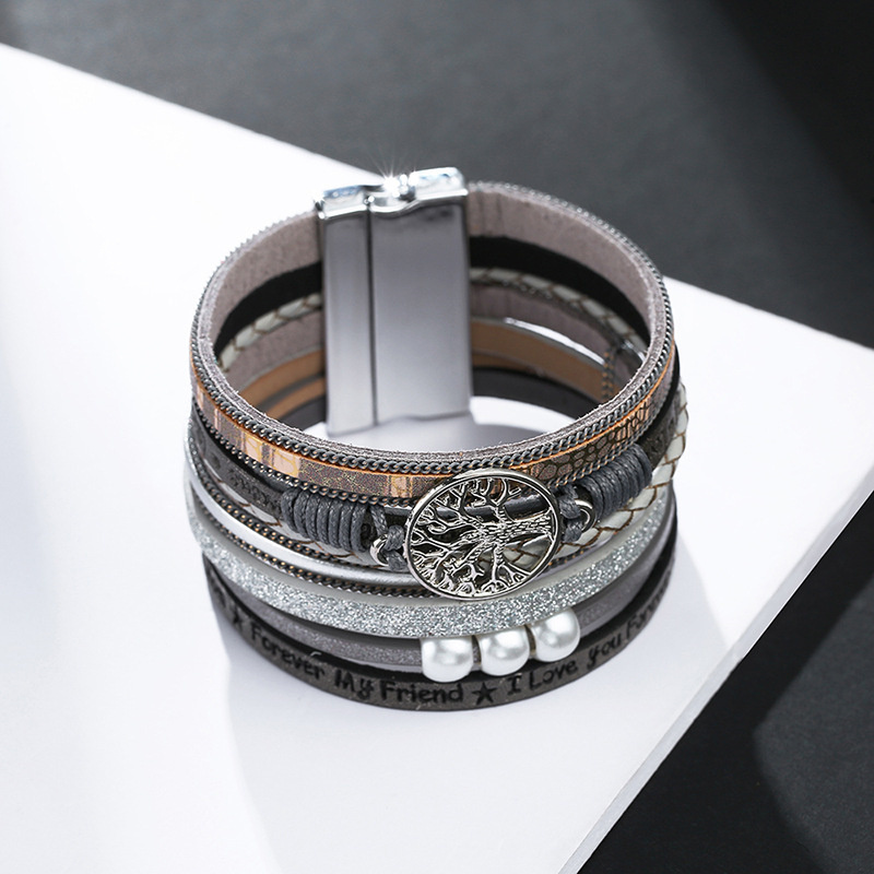 Bohemian Multilayer Bracelet Tree Of Life Pearl Woven Magnetic Clasp Women's Leather Bracelet Distributor