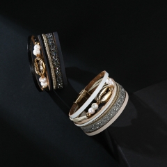 Jewelry Popular PU Leather Diamond Bracelet Bohemian Multi-layer Beaded Pearl Bracelet Distributor