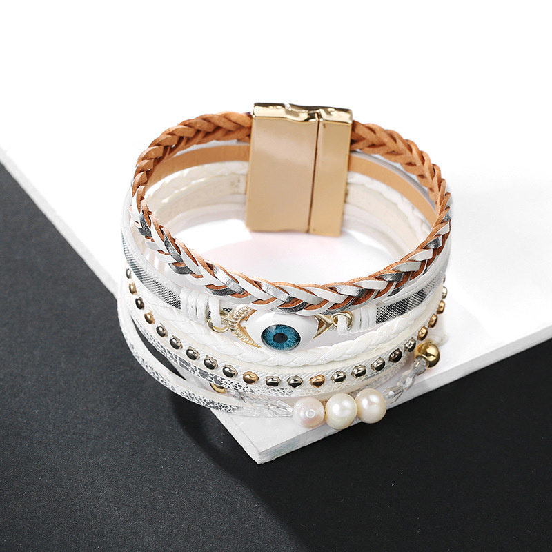 Fashion Bangle Demon Eye Pearl Bohemian Multilayer PU Leather Rivet Bracelet Distributor