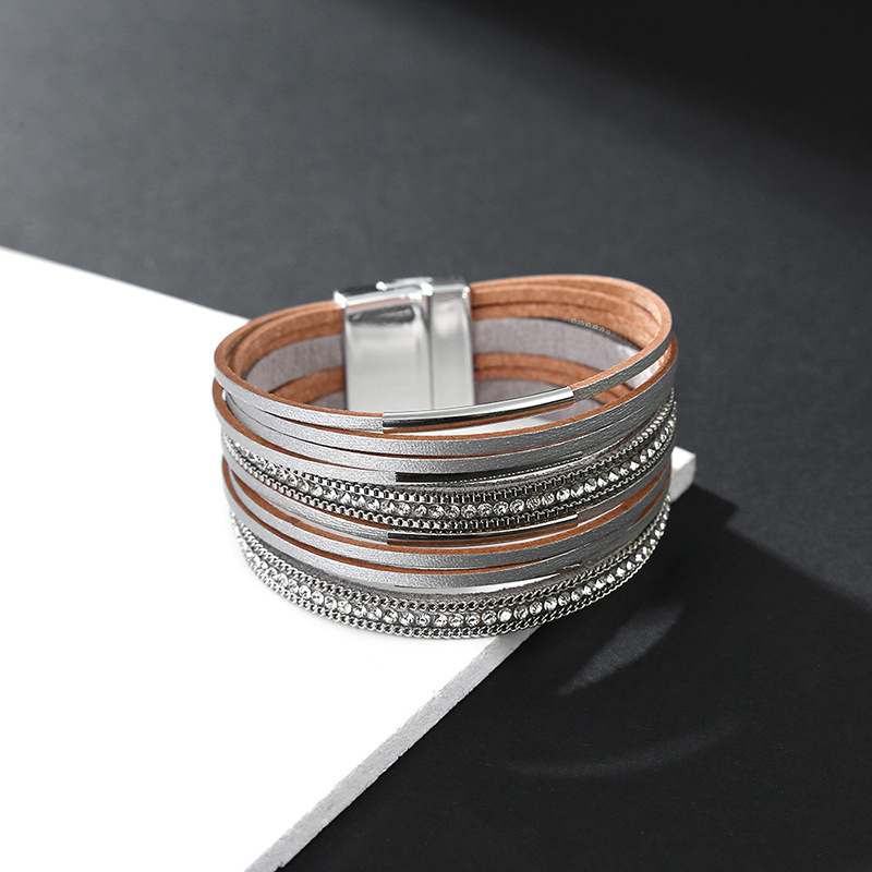 Explosive  Bangle Fashion Bracelet Multilayer Leather Thin Chain Copper Diamond Distributor