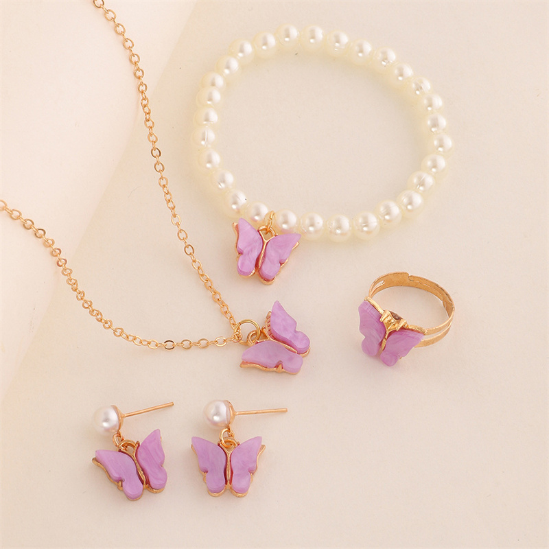 Children's Necklace Butterfly Pearl Bracelet Ring Earring Set Distributor