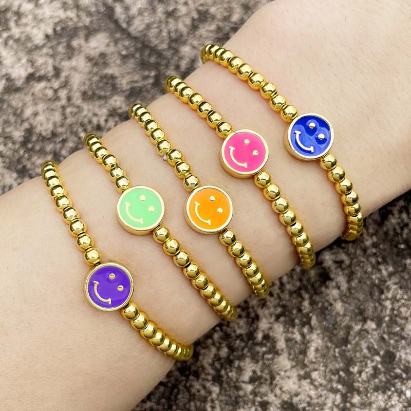 Wholesale Round Bead Bracelet Color Dripping Oil Smile Emoji Bracelet Simple Elastic Smiley Bracelet Vendors