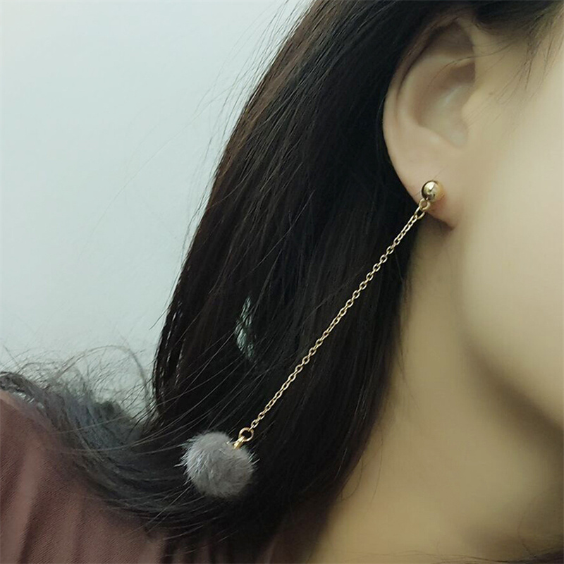 Wholesale Korean Version Of The  Fashion Cute Furry Ball Metal Chain Tassel Long Earrings Vendors