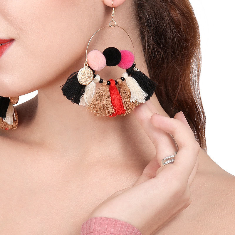 Wholesale Korean Version Of The  Ethnic Plush Ball Earrings Cotton Fan-shaped Tassel Alloy Earrings Vendors