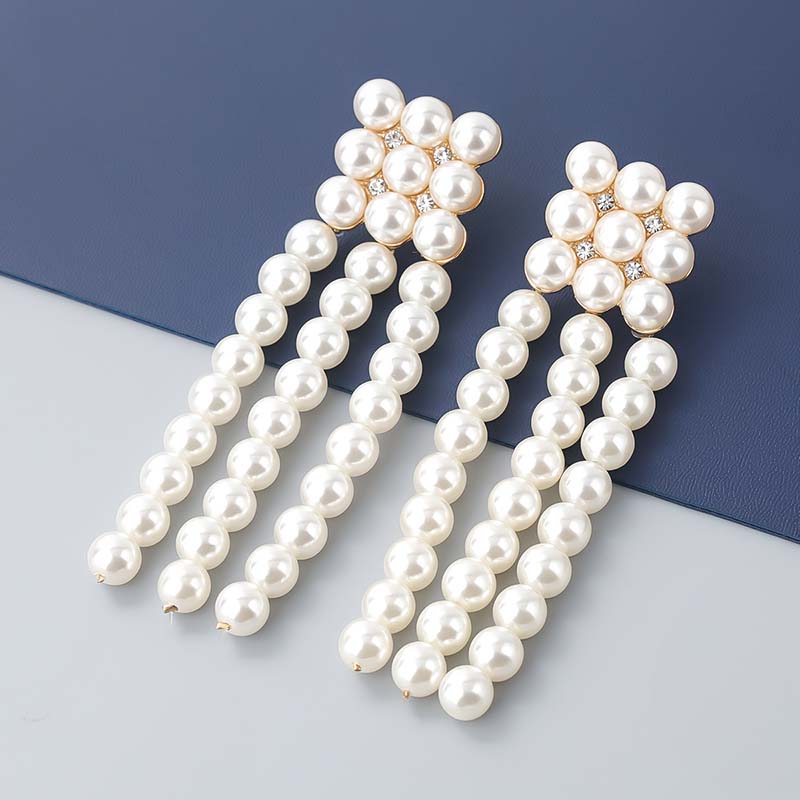 Exaggerated Square Alloy Inlaid Pearl Tassel Earrings Retro Earrings Supplier