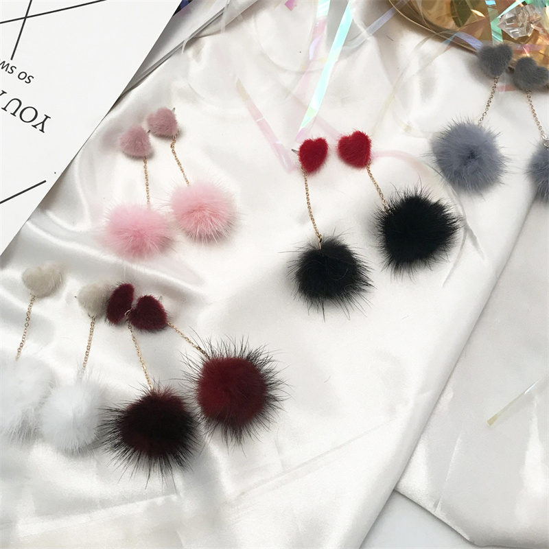 Wholesale Selling Mink Fur Love Earrings Bow Hair Ball Pendant Earrings Vendors