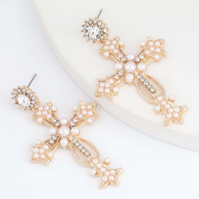 Alloy Diamond Rhinestone Imitation Pearl Cross Earrings Trendy Creative Earrings Supplier