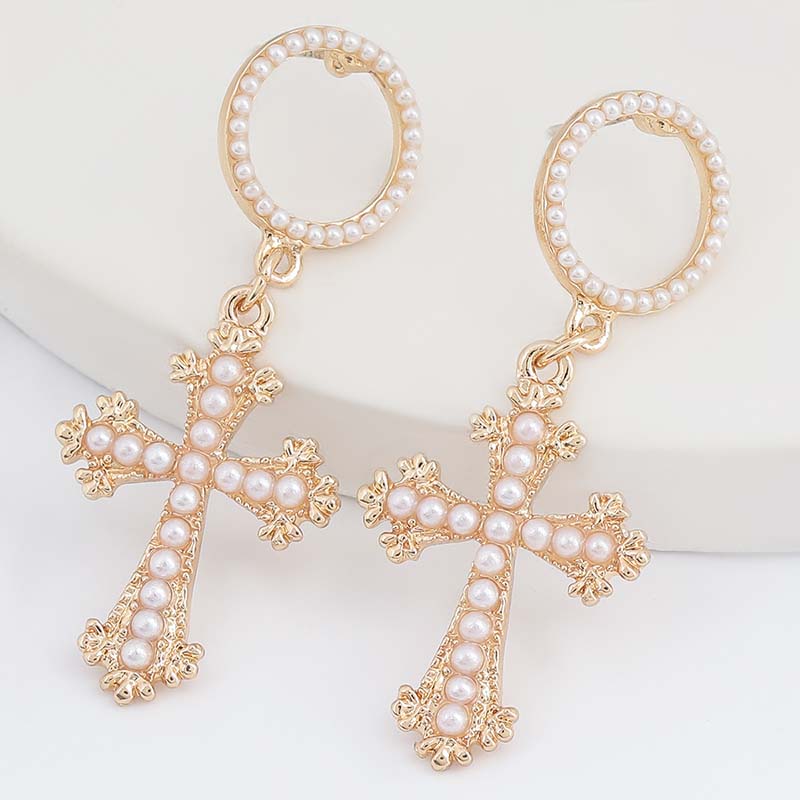 Alloy Circle Imitation Pearl Cross Earrings Fashion Trend Earrings Supplier