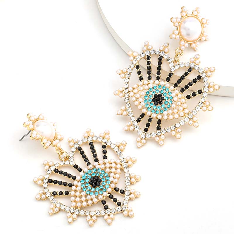 Wholesale Jewelry Fashion Color Diamond Alloy Diamond And Pearl Love Heart-shaped Eye Earrings