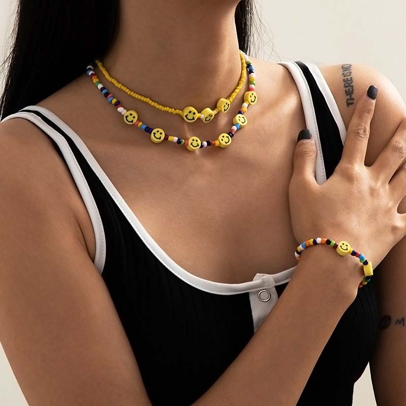 Wholesale Simple Colorful Rice Bead Chain Necklace Female Yellow Smiley Face Jewelry Set Vendors
