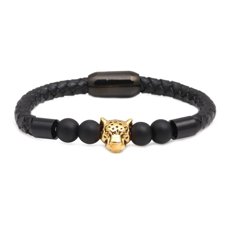 Black Frosted Lion Head Bracelet Stainless Steel Magnetic Buckle Leather Manufacturer