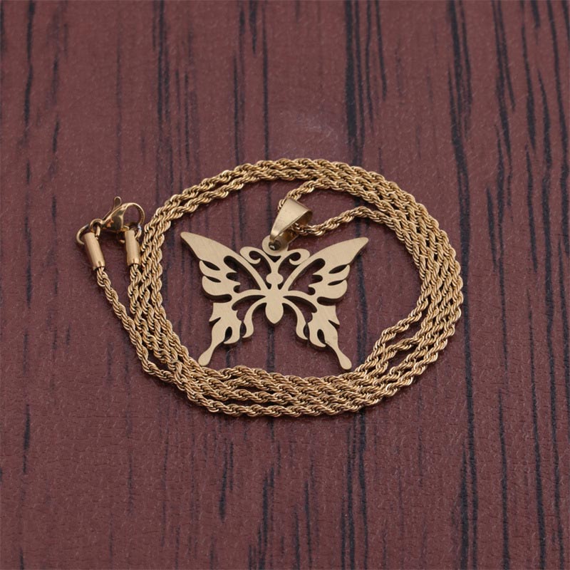 Wholesale Titanium Steel Hip Hop Necklace With Golden Butterfly Pendant Necklace