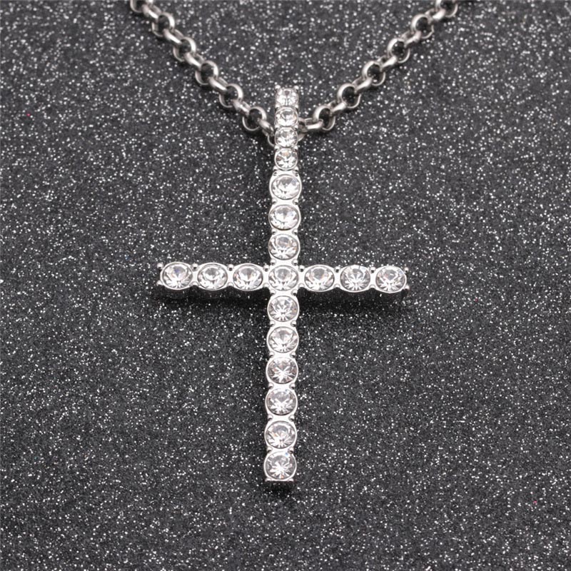 Stainless Steel Fashion Religious Alloy Hip Hop Rhinestone Cross Necklace Manufacturer