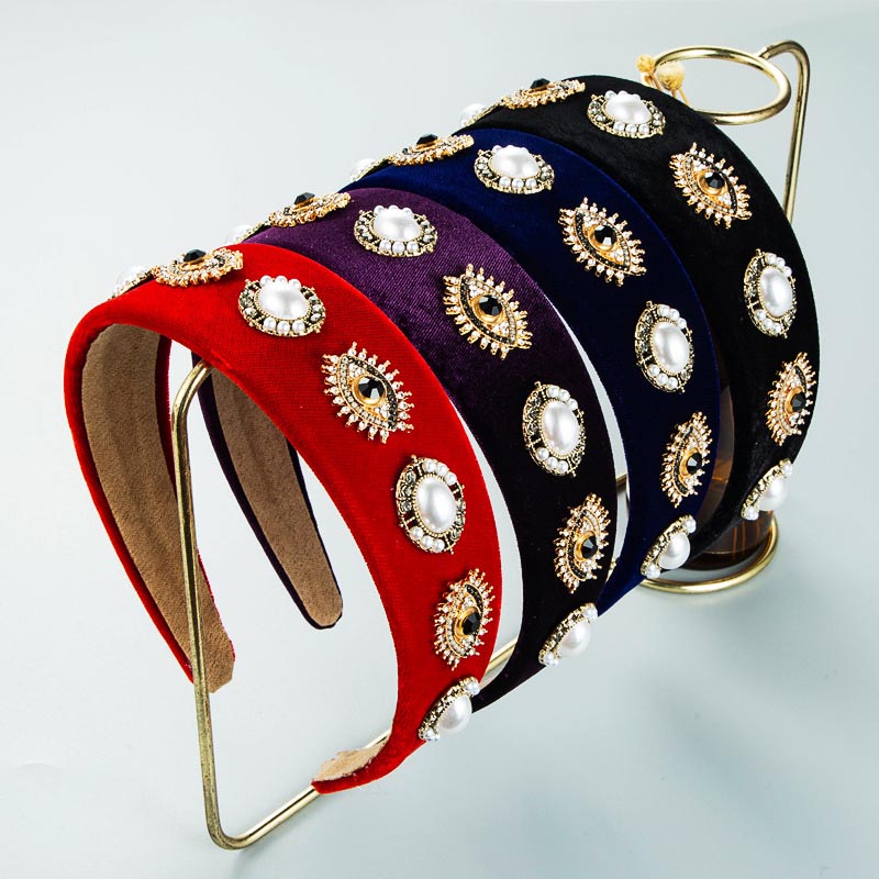 Exaggerated Demon Eyes Color Rhinestone Velvet Pearl Headband With Wide Side Manufacturer
