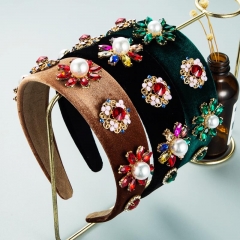 Retro Color Rhinestone Flower Baroque Headband Korean Flannel Wide Side Manufacturer