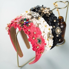 Baroque Style Cute Rhinestone Flowers PU Leather Headband Multi-layer Flowers Manufacturer