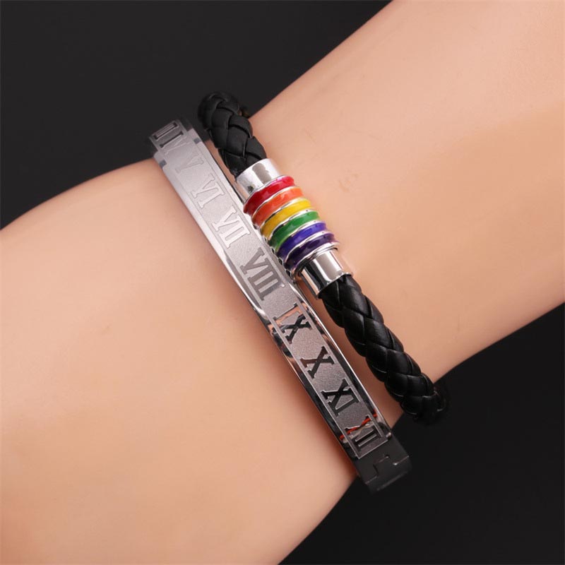 Wholesale Men's Leather Cord Braided Bracelet Set Stainless Steel Color Magnetic Buckle Bracelet