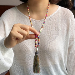 Wholesale Vintage Handmade Beaded Turquoise Long Necklace Ethnic Style Colorful Tassel