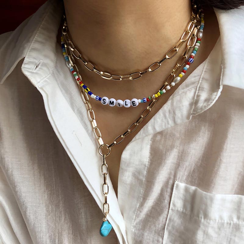 Wholesale Metal Multi-layer Geometric Letter Necklace Bohemian Rainbow Resin