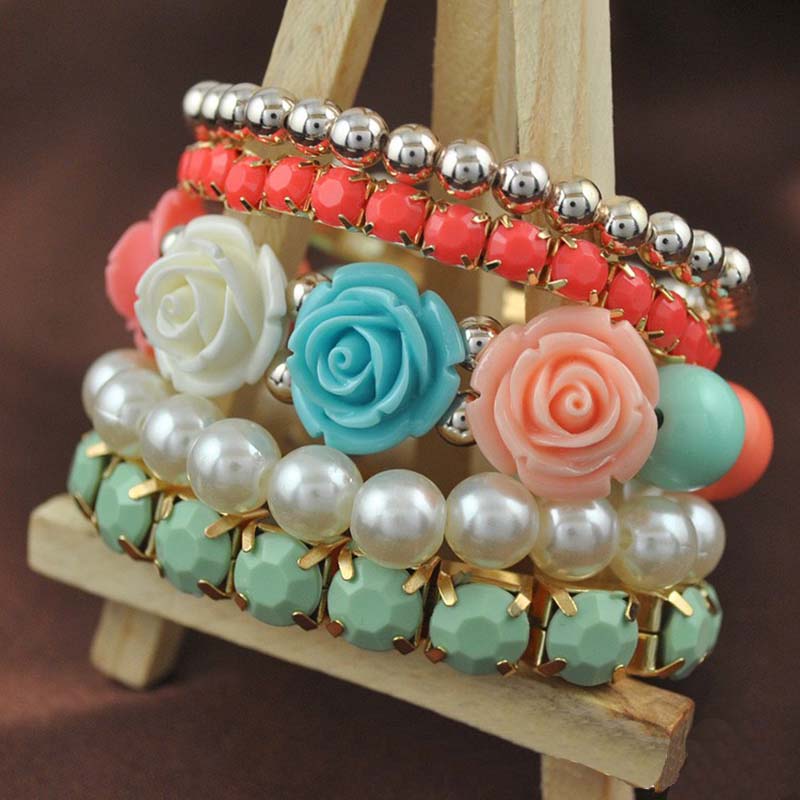 Wholesale Korean Sweet Candy-colored Bracelets Multi-element Pearl Rhinestone Color