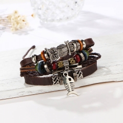 Wholesale The  Beaded Imitation Leather Multi-layer Bracelet Retro Alloy Owl