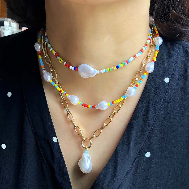 Wholesale Summer Multi-layer Fairy Pearl Metal Necklace Colored Resin