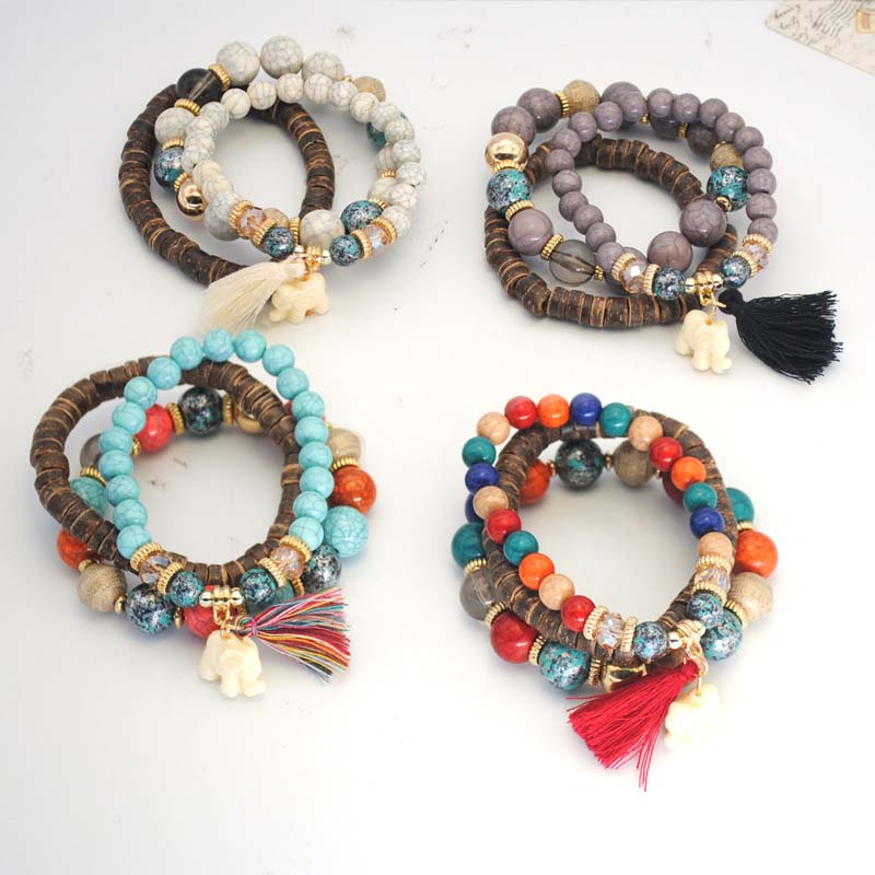 Wholesale Multicolor Turquoise Multilayer Beige And White Elephant Tassel Bracelet