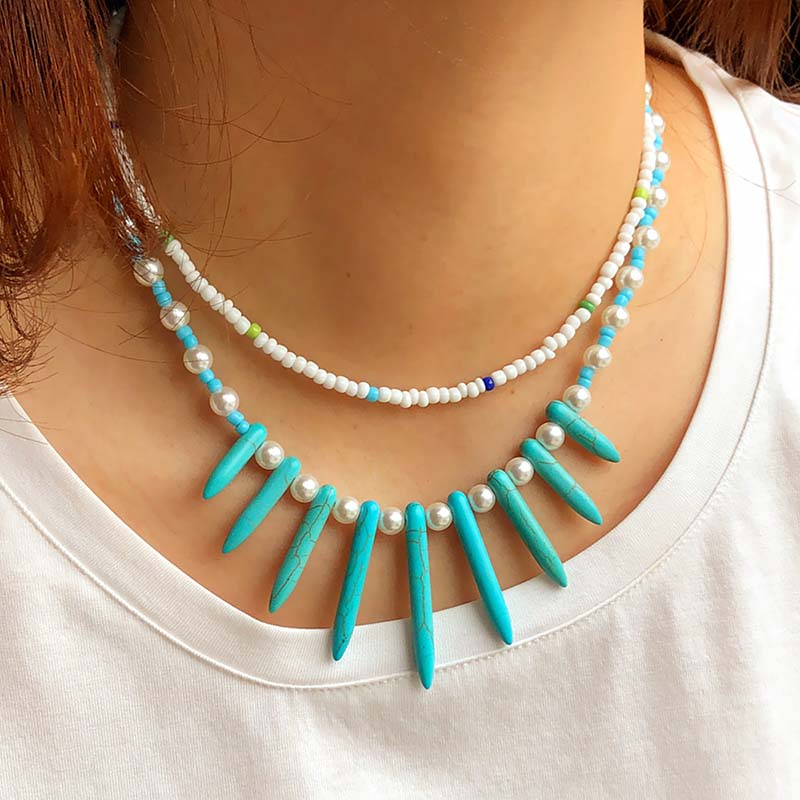Wholesale Short Resin Double Layer Necklace Handmade Pearl Turquoise