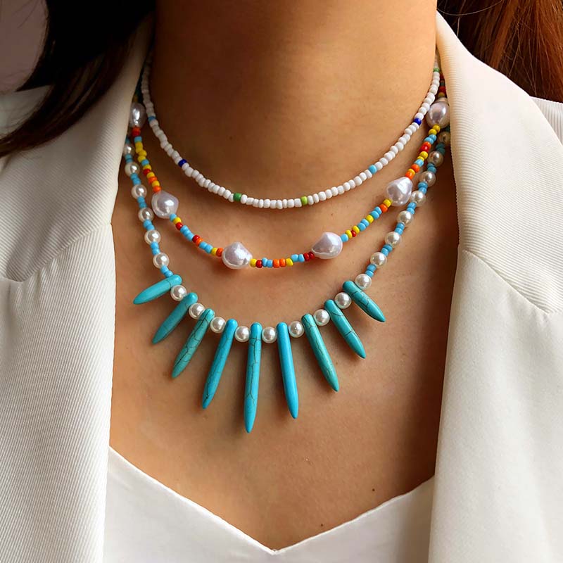 Wholesale Multi-layer Stacked Pearl Turquoise Clavicle Chain Resin Necklace