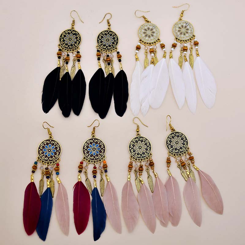 Wholesale Bohemian Beach Vintage Feather Earrings Long