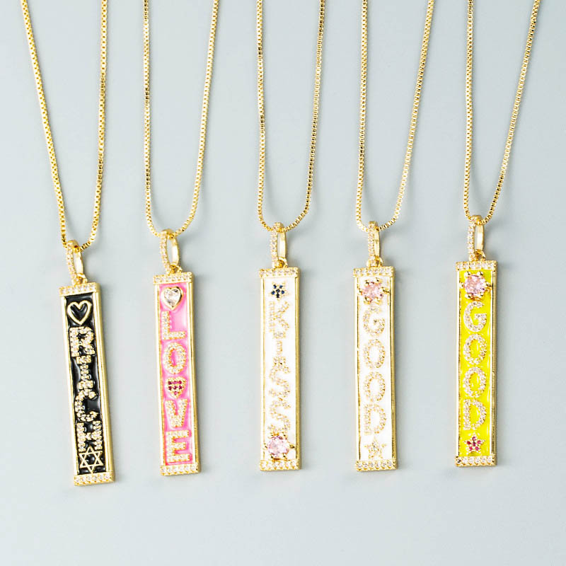 Copper Gold-plated Zircon Colorful Oil Drip Square Plate Letter Pendant Necklace Distributor