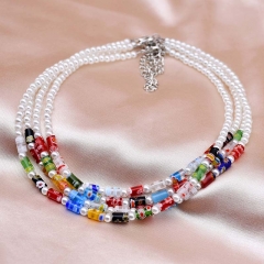 Wholesale Spring And Summer  Pearl Collarbone Chain Colored Glazed Beaded Necklace