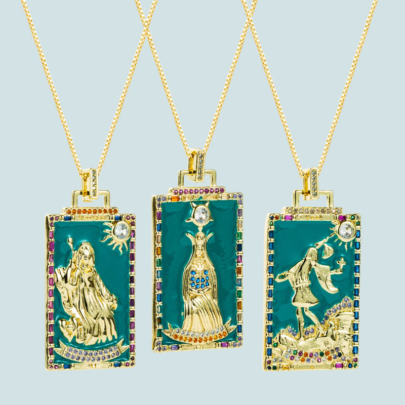 Lucky Copper Gold-plated Zircon Colorful Oil Dripping Tarot Card Pattern Square Pendant Necklace Distributor
