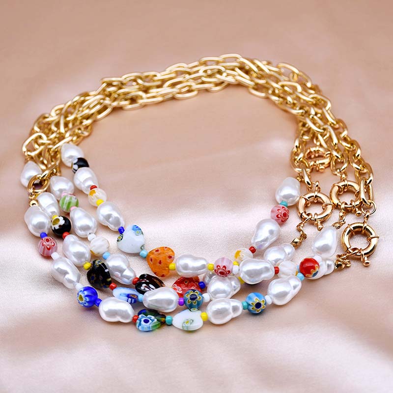 Wholesale Colorful Glazed Pearl Necklace Bow Golden Chain