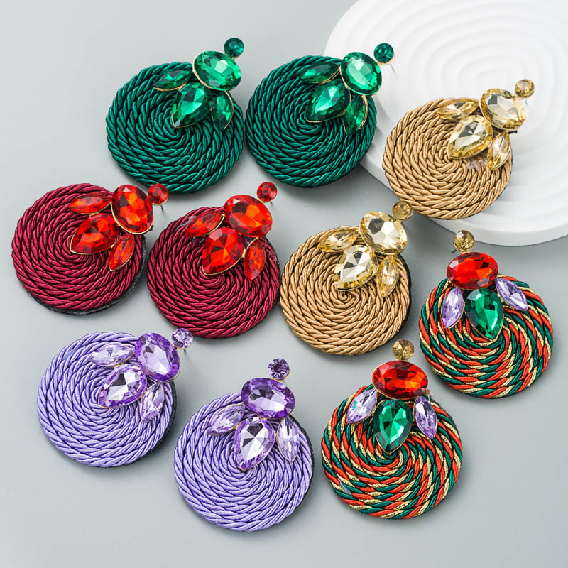 Earrings Exaggerated Geometric Stones Polyester Elastic Wire Braided Round Rhinestones Distributor