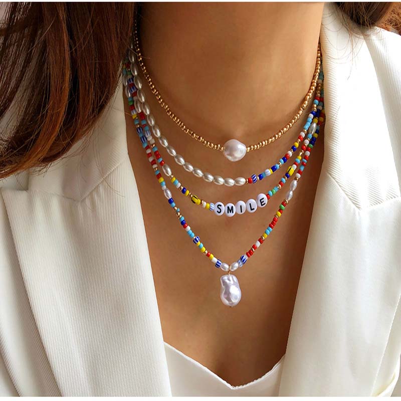 Wholesale Double-layer Stacked Letter Pearl Handmade Resin Necklace Rainbow Pattern