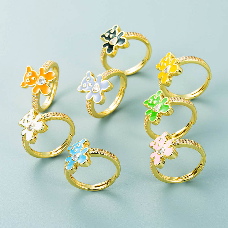 Copper Gold-plated Zircon Love Bear Color Drip Oil Ring Cute Dorky Finger Ring Distributor
