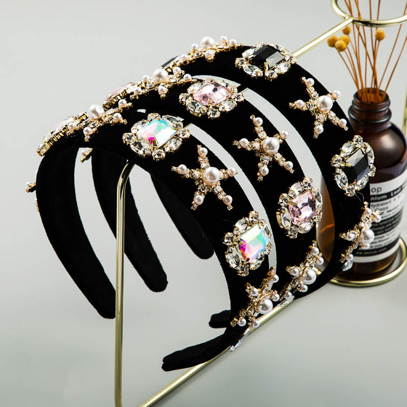 Fashion Star Pearl Hair Band Gold Velvet With Rhinestones Boutique Headband Manufacturer
