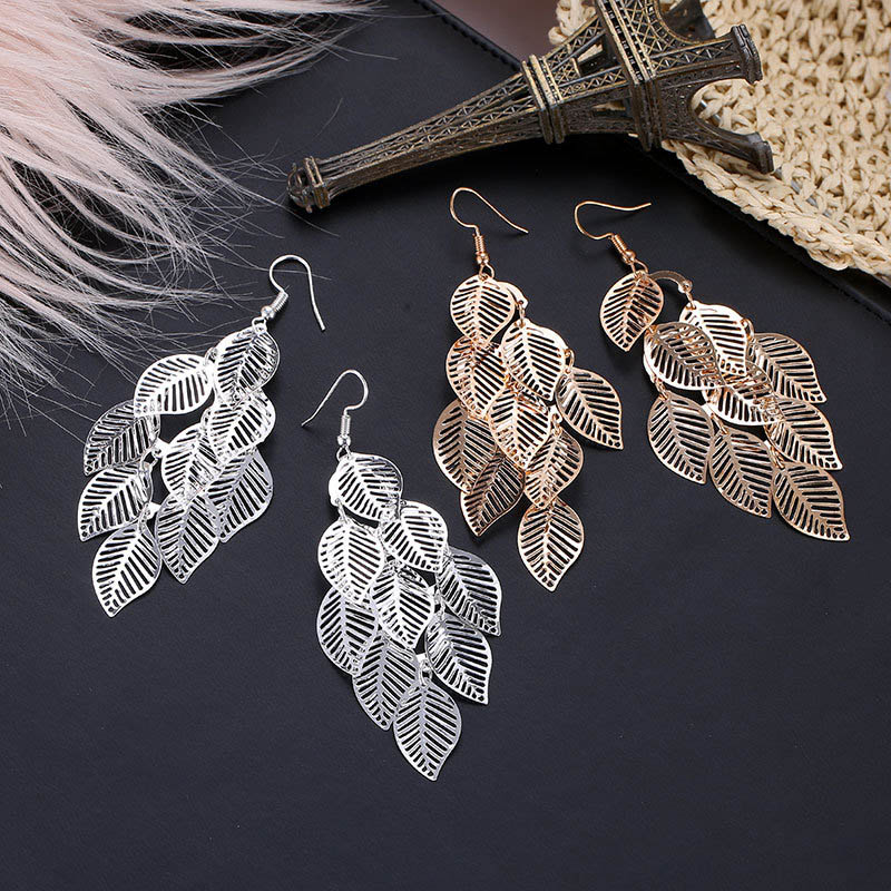 Gold And Silver Multi-layer Hollow Leaf Earrings Long Leaf Earrings Distributor