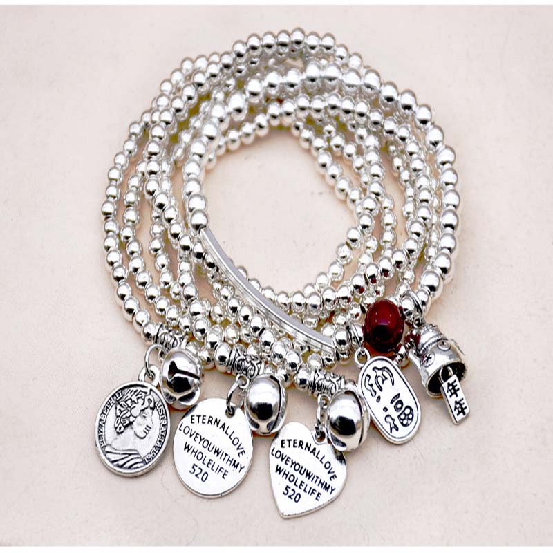 Wholesale Ethnic Ancient Silver Bracelet Bells Beckoning Cat Letters Double Layer Round Beads