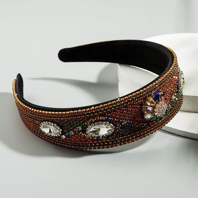 Fashion Baroque Red Color Rhinestone Wide Hair Band With Flower Side Manufacturer