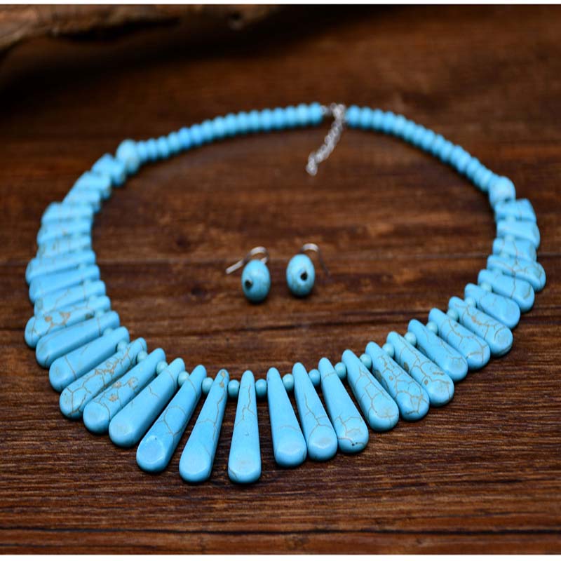 Wholesale Vintage Turquoise Necklace Jewelry Set Ethnic Wind Tassel Collarbone Chain